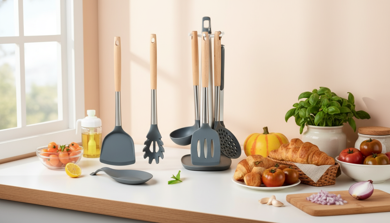 8-Piece Silicone Utensil Set: Heat-Resistant, Wood Handles