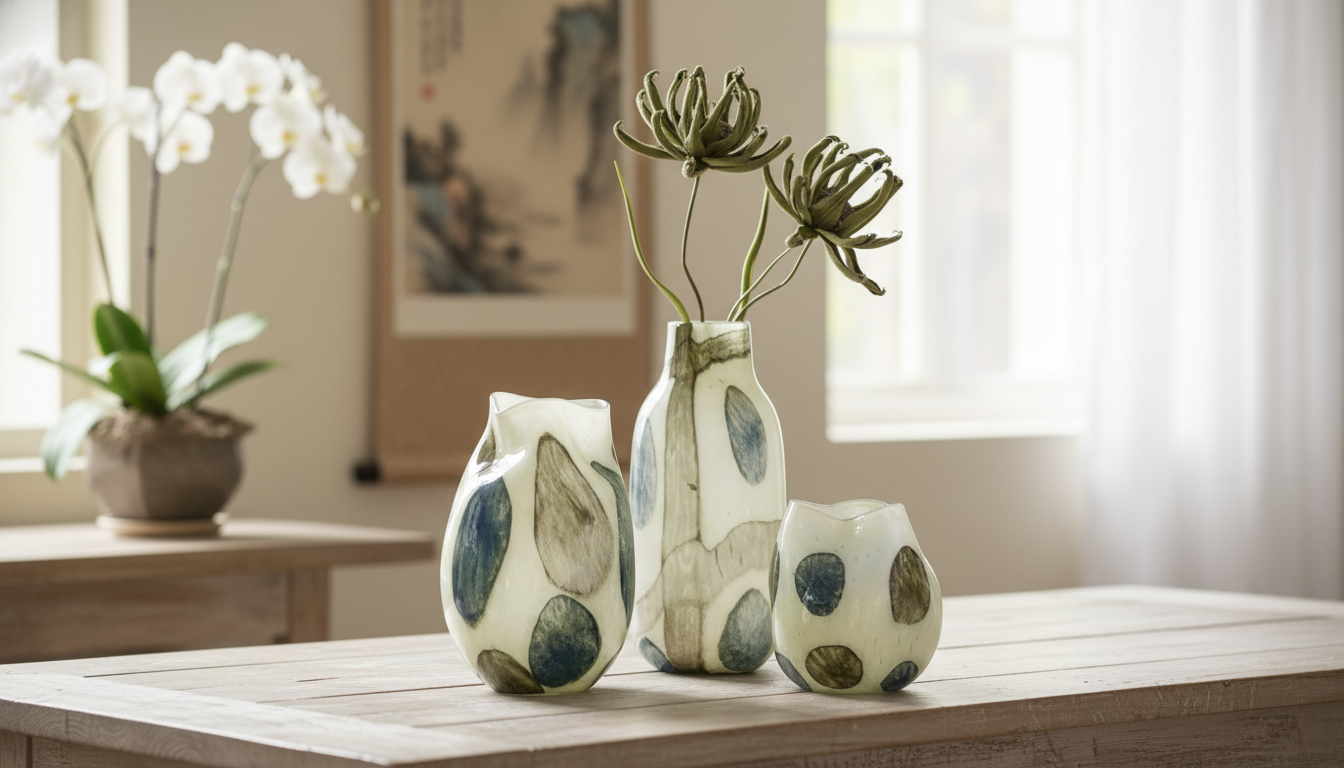 Handcrafted Blue-Green Glass Vase, Chinese-Style Decor