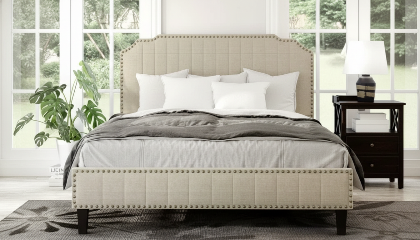 Quiet-Luxury Linen Platform Bed With Nailhead Trim